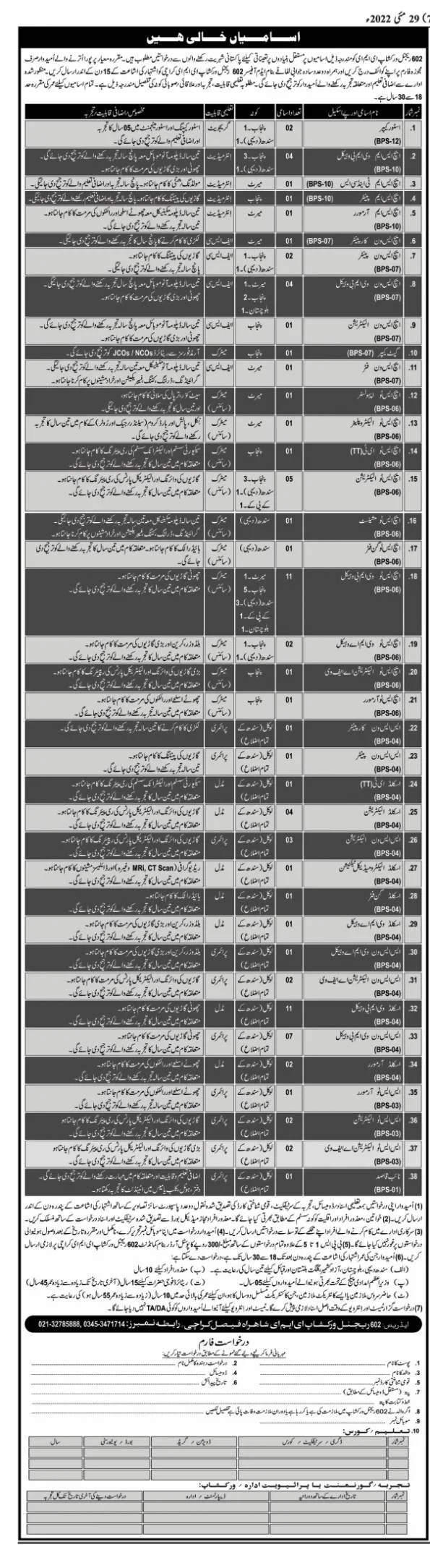 Pak Army 602 Regional Workshop EME Karachi Jobs 2022