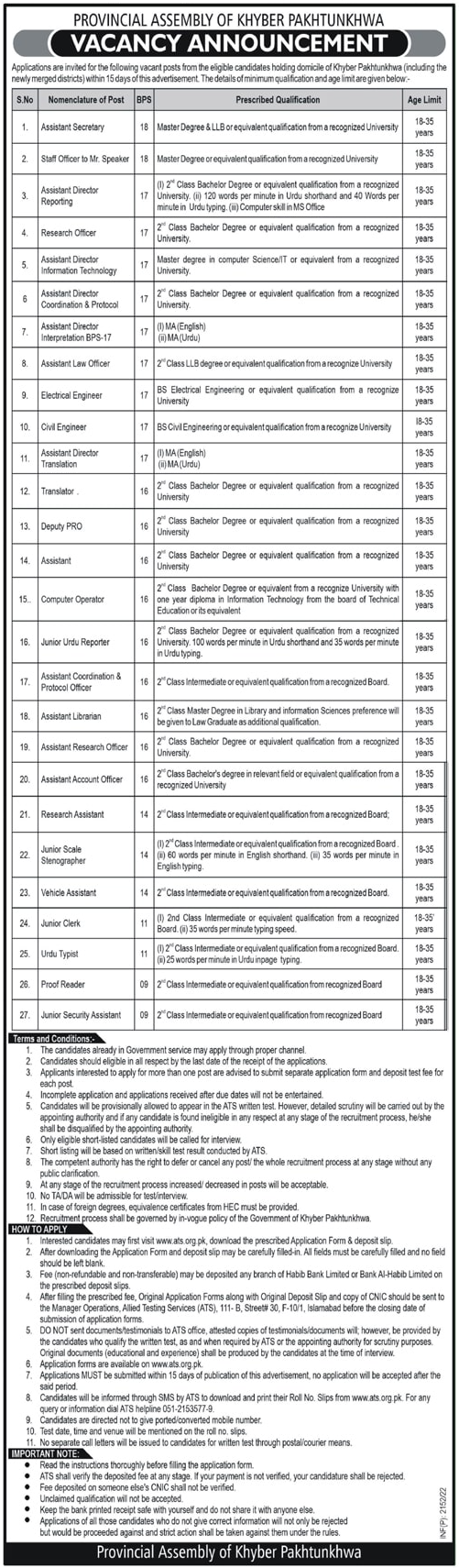 Provincial Assembly of KPK Jobs 2022 Download Form Online via ATS