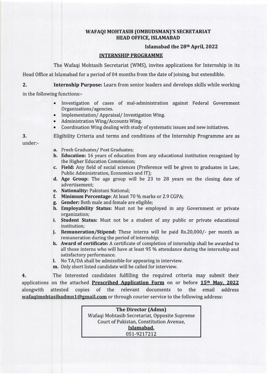 Wafaqi Mohtasib – Federal Ombudsman Internships 2022 Download Form
