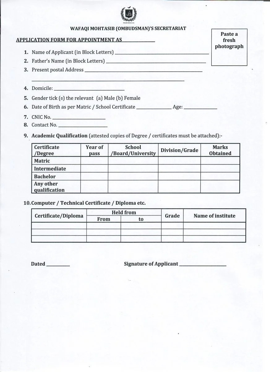 Wafaqi Mohtasib – Federal Ombudsman Internships 2022 Download Form