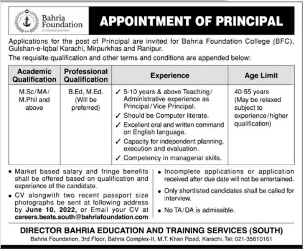 Bahria Foundation Colleges BFC Jobs 2022 for Principals