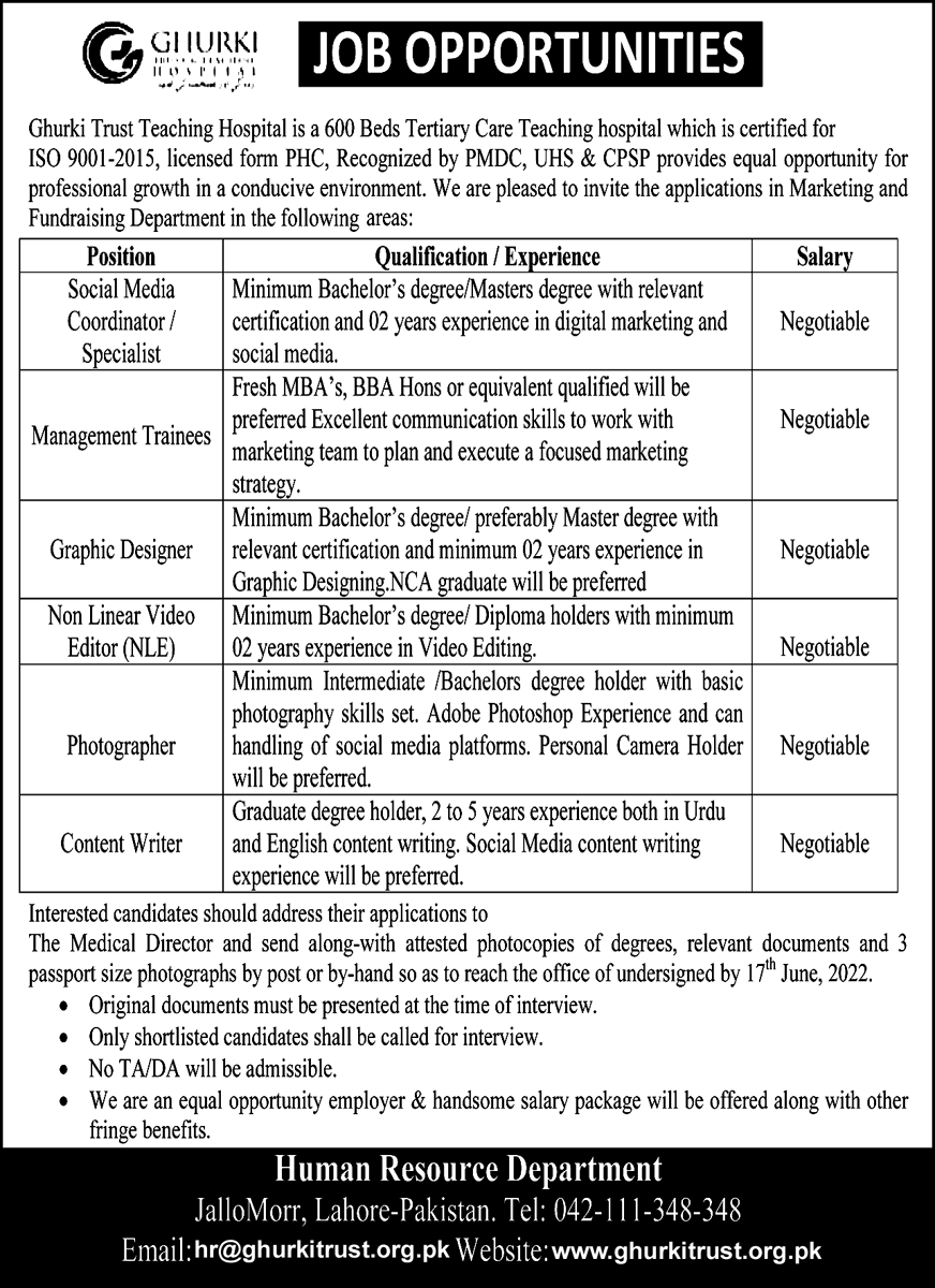 Ghurki Trust Teaching Hospital Jobs 2022 in Marketing Department