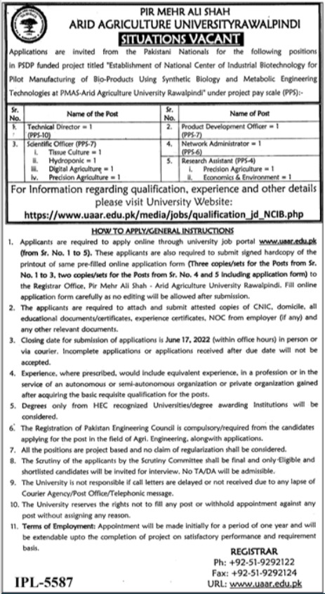 Pir Mehr Ali Shah Arid Agriculture University UAAR Jobs 2022