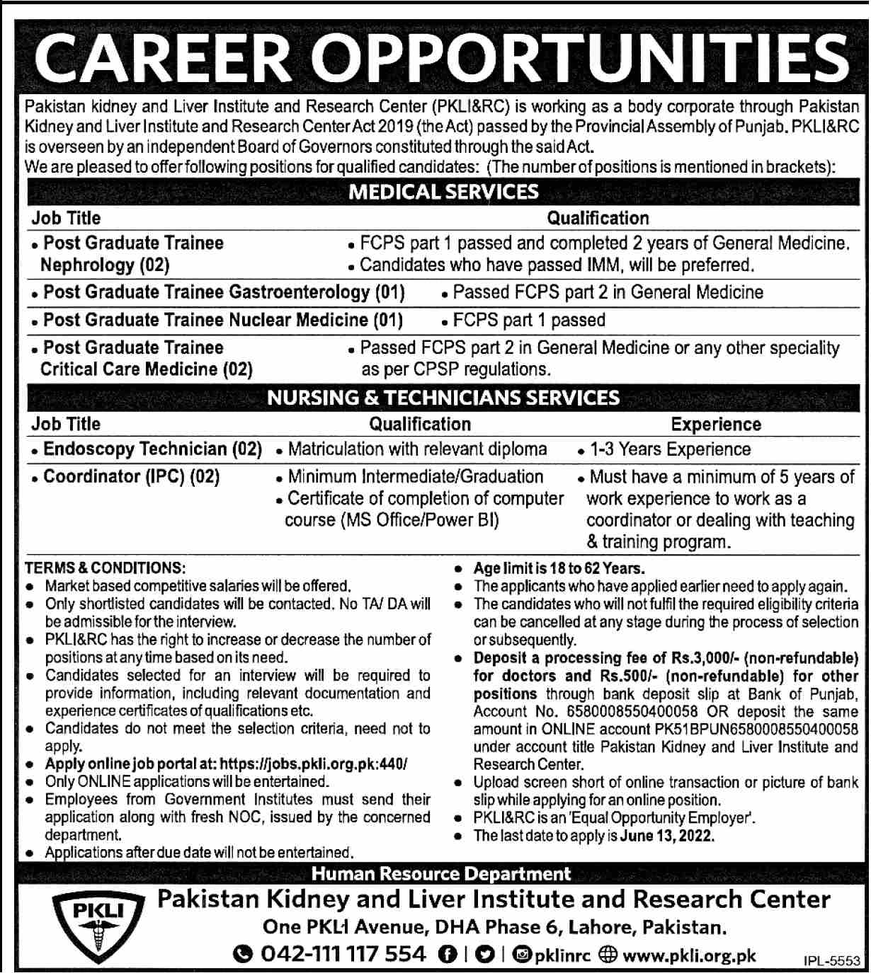 Pakistan Kidney And Liver Institute PKLI Jobs 2022 Fill Online Form