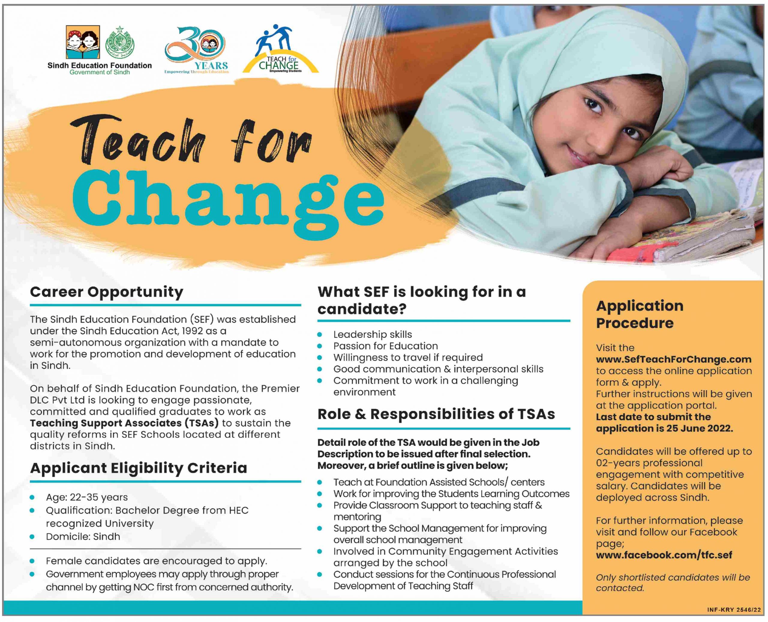 Sindh Education Foundation SEF Jobs 2022 for Teaching Staff