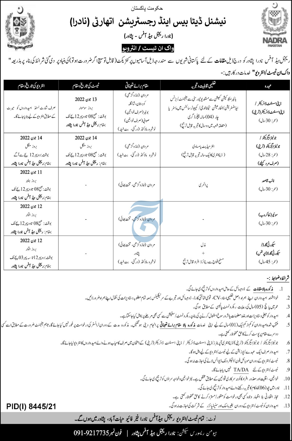 NADRA Regional Head Office Peshawar Jobs 2022 in KPK