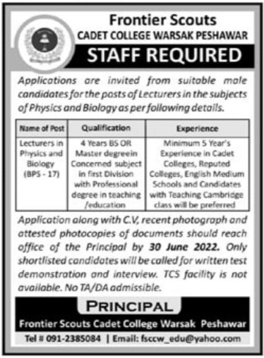 Frontier Scouts Cadet College Warsak Jobs 2022