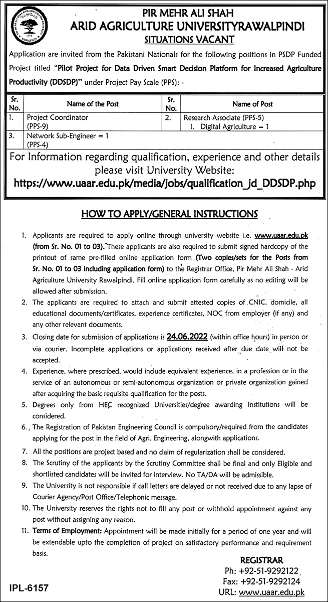 Pir Mehr Ali Shah Arid Agriculture University UAAR Jobs