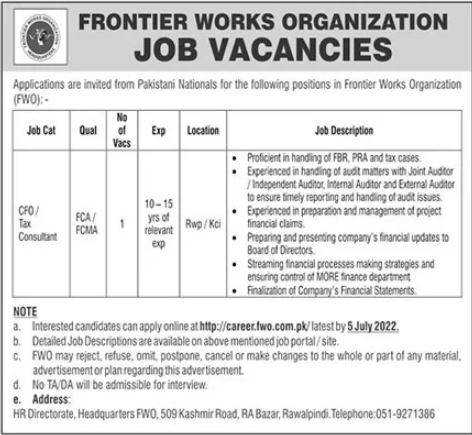 Frontier Works Organization FWO Jobs 2022 I Career.fwo.com.pk