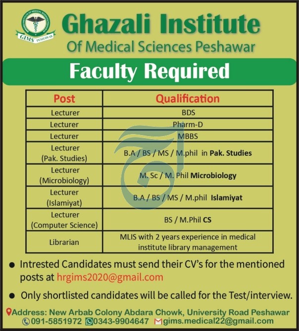 Ghazali Institute of Medical Sciences Peshawar Jobs