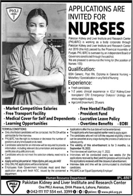 Nurses Jobs 2022 in PKLI Apply Online across Pakistan | www.pkli.org.pk