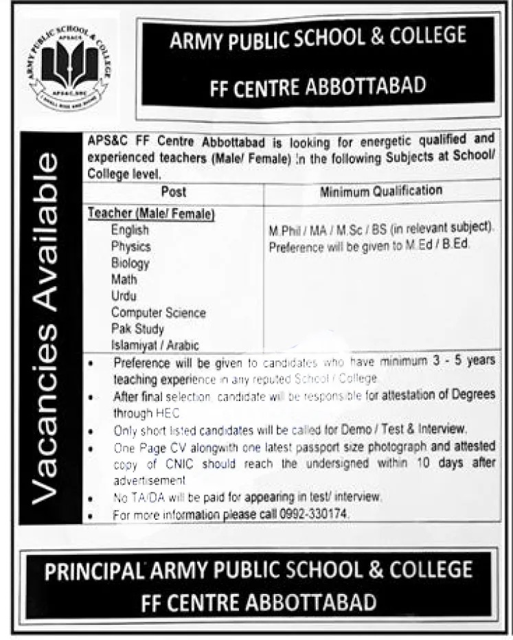 Army Public School and College FF Centre Abbottabad Jobs 2022