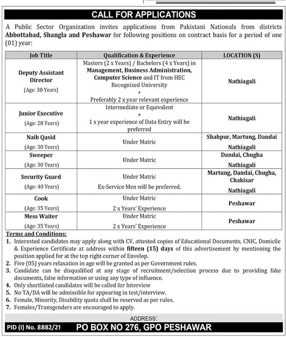 Post Box No 276 Peshawar Jobs 2022 – Public Sector Institute Careers
