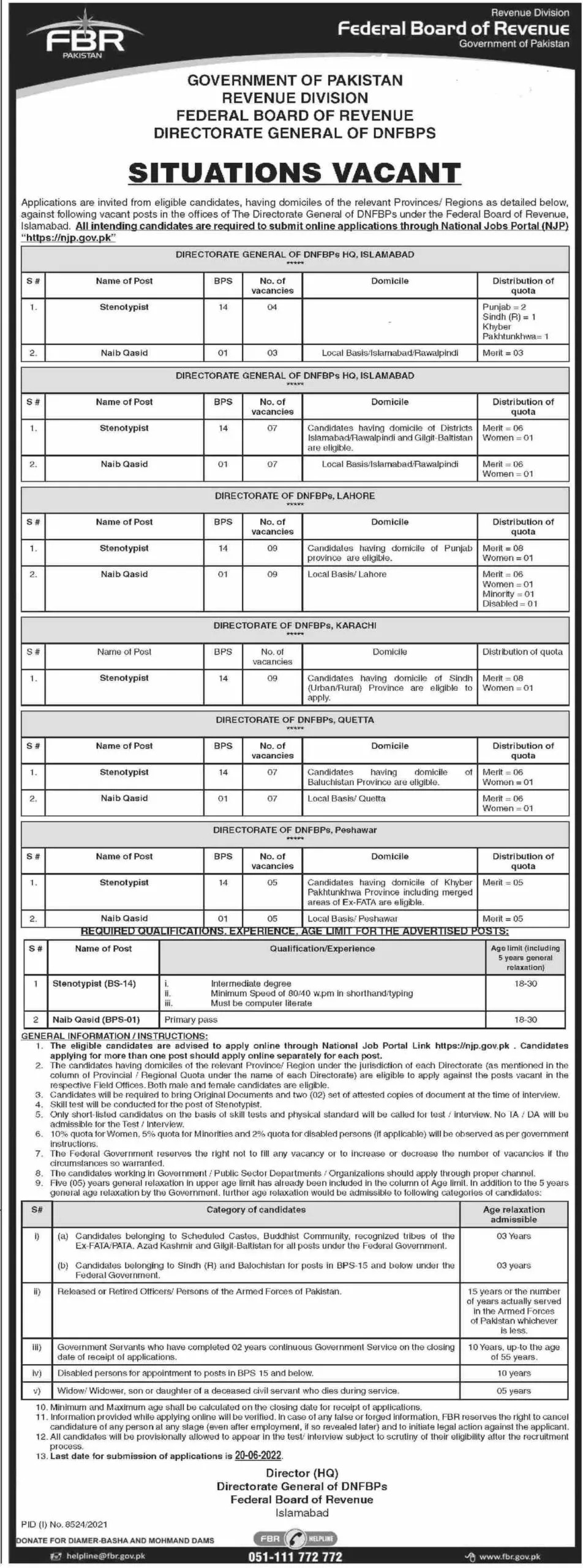 Federal Board of Revenue Islamabad FBR Jobs 2022 Fill Online Form