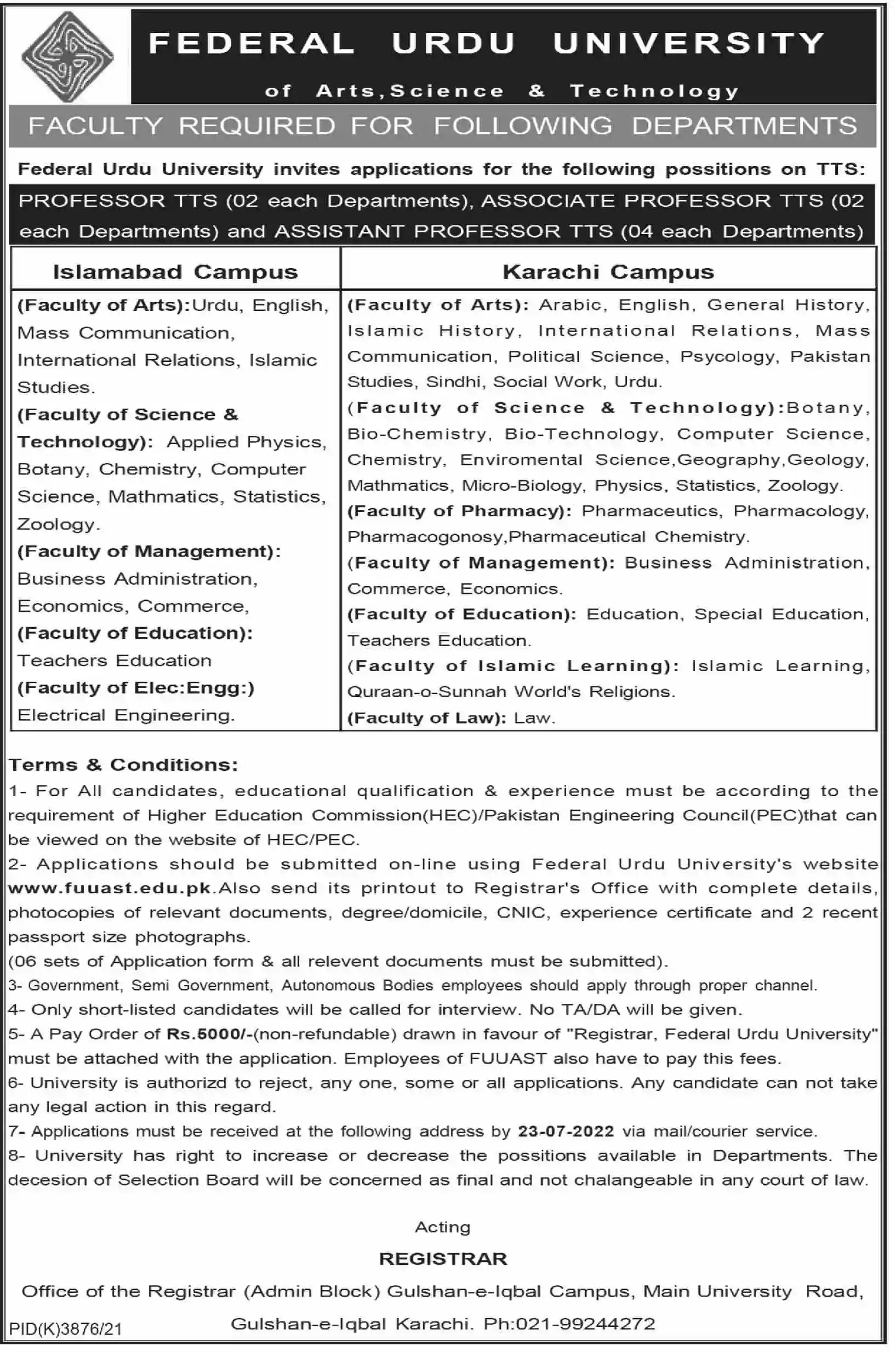 Federal Urdu University Jobs 2022 | Online Apply www.fuuast.edu.pk
