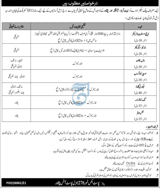 Post Box No 276 Peshawar Jobs 2022 – Public Sector Institute Careers