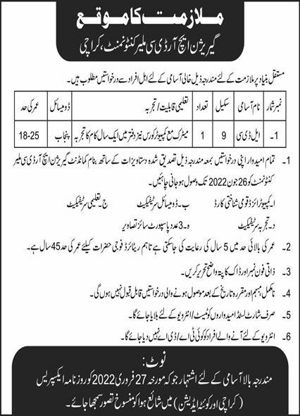 Garrison HRDC Malir Cantt Jobs 2022 for Lower Division Clerk