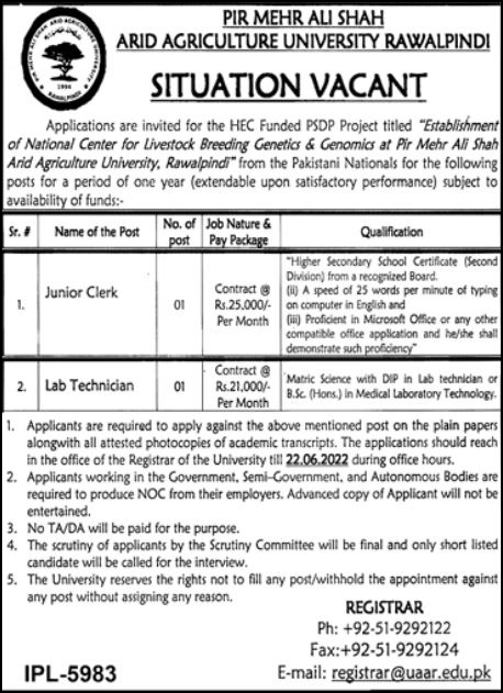 Pir Mehr Ali Shah Arid Agriculture University UAAR Jobs
