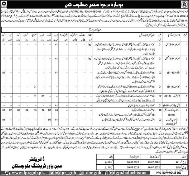 Directorate of Manpower Training Balochistan Jobs 2022