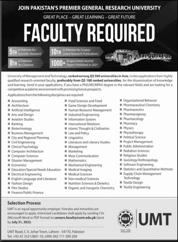 University of Management and Technology UMT Jobs 2022