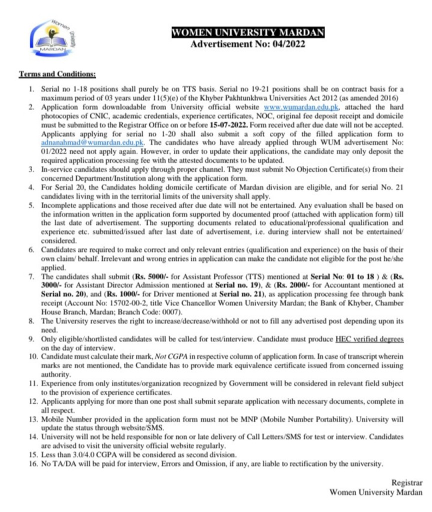 Women University Mardan Latest Jobs 2022 | www.wumardan.edu.pk