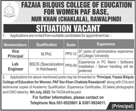 Fazaia Bilquis College of Education for Women Rawalpindi Jobs