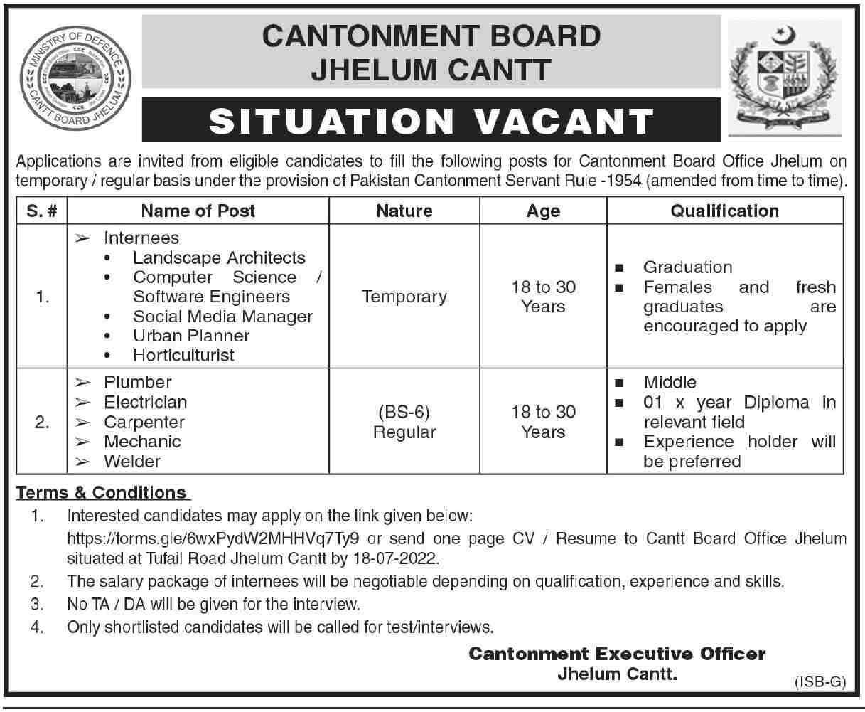 Cantonment Board Jhelum Jobs 2022 Fill Online Form