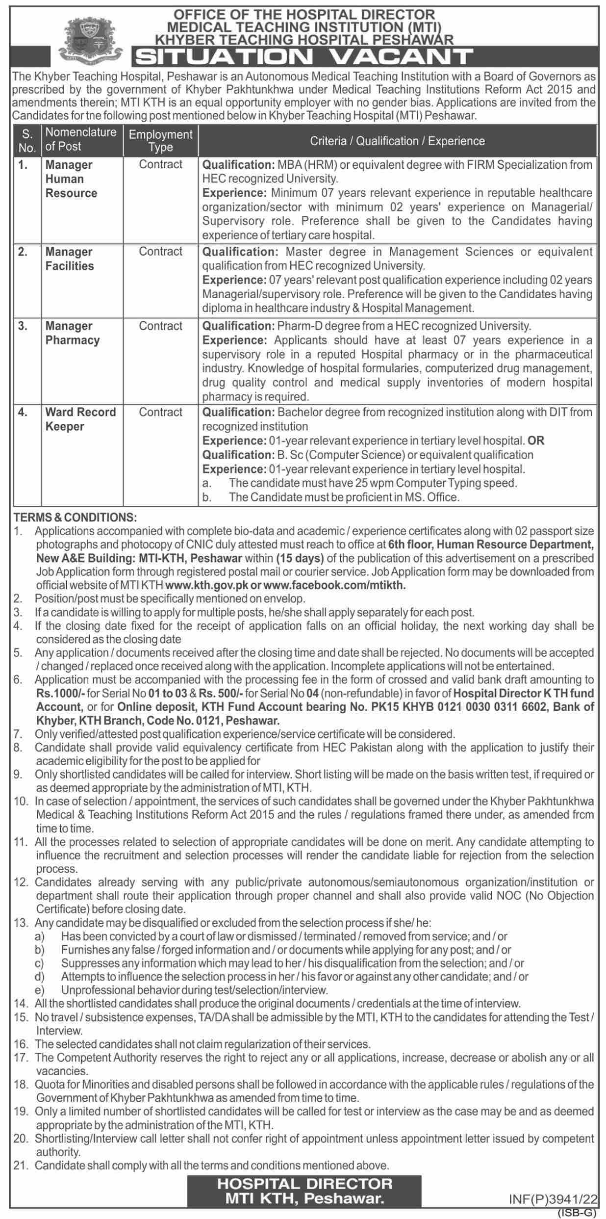 Khyber Teaching Hospital KTH Peshawar Jobs 2022 | www.kth.gov.pk