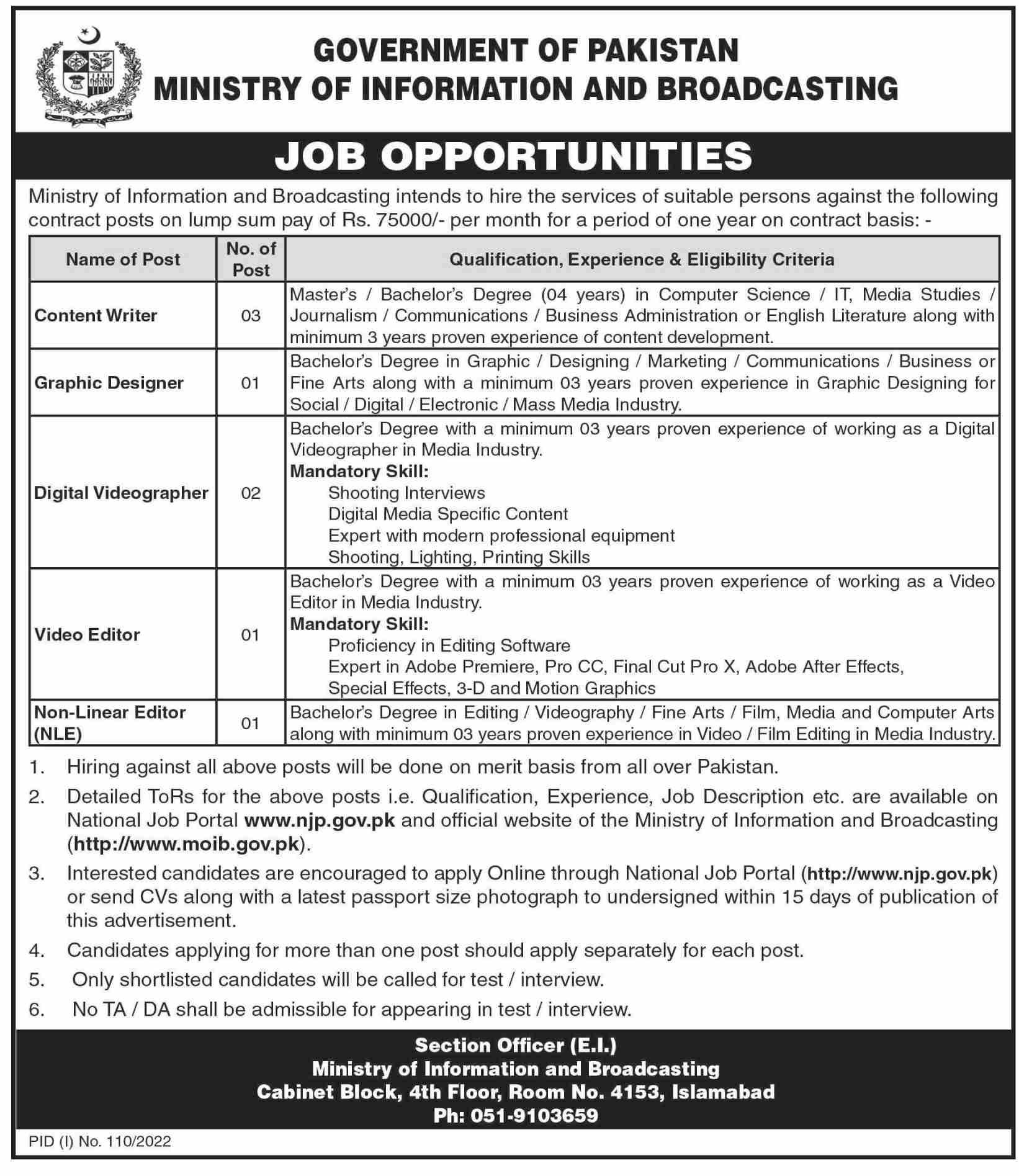 Ministry of Information and Broadcasting Jobs 2022 | www.moib.gov.pk