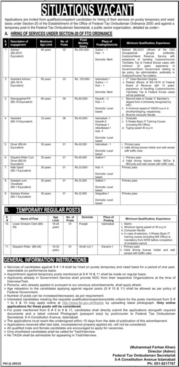 Federal Tax Ombudsman Secretariat Jobs 2022 | www.fto.gov.pk