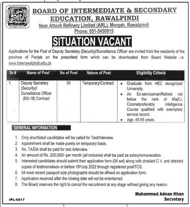 BISE Rawalpindi Jobs 2022 | Download Form www.biserawalpindi.edu.pk