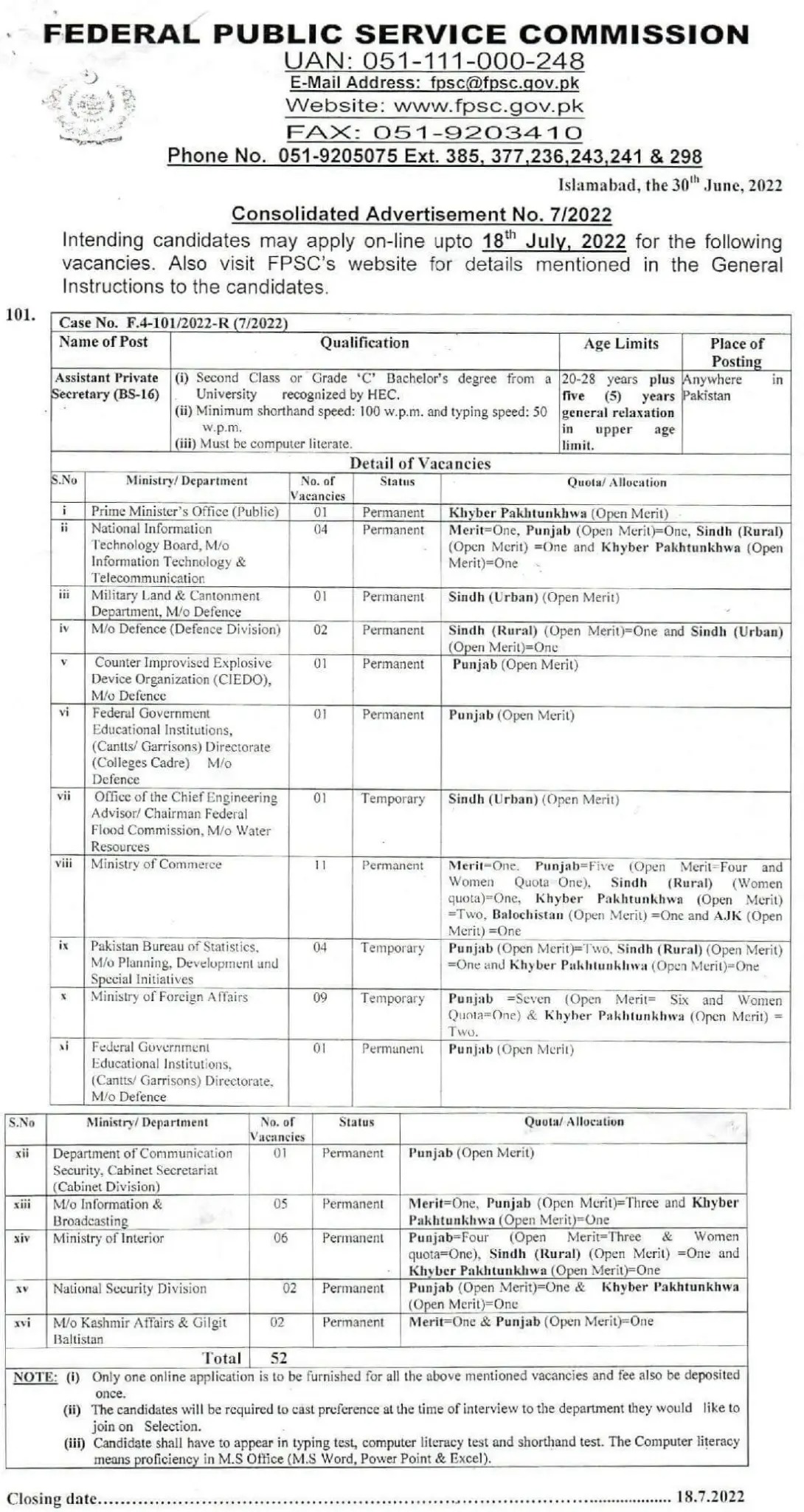 FPSC Assistant Private Secretary Jobs 2022 | Online Form Fpsc.gov.pk