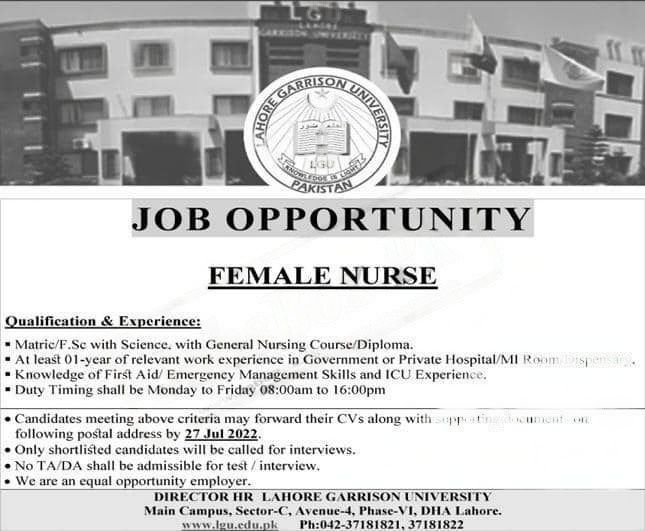 Lahore Garrison University Jobs 2022 for Female Nurse