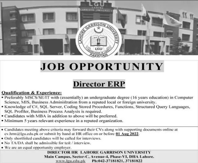 Lahore Garrison University Jobs 2022 for Female Nurse