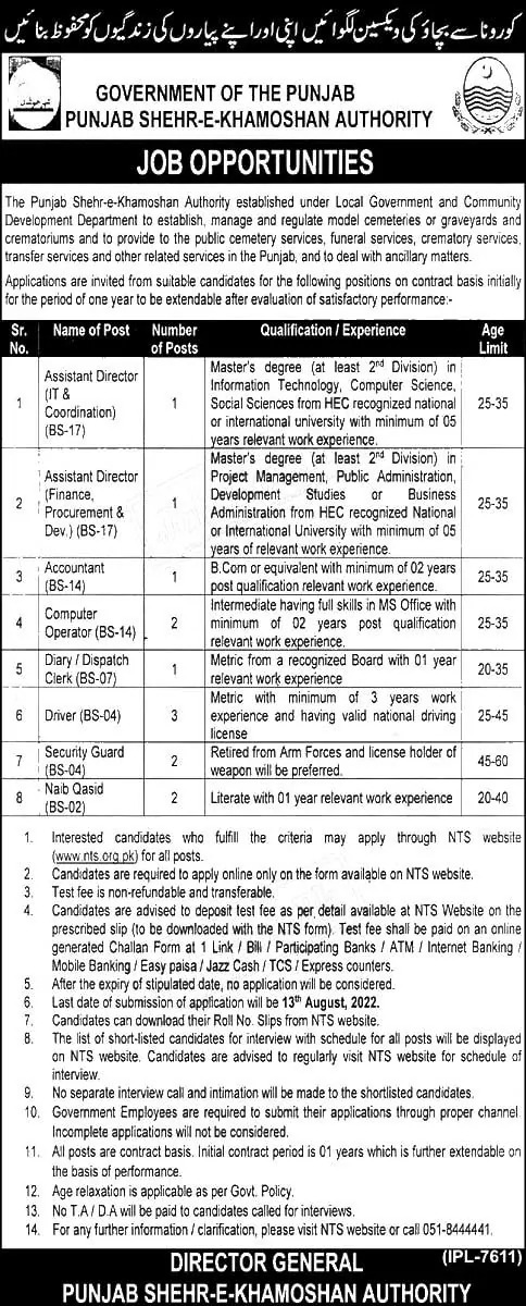 Punjab Shehr-e-Khamoshan Authority Jobs 2022 by NTS