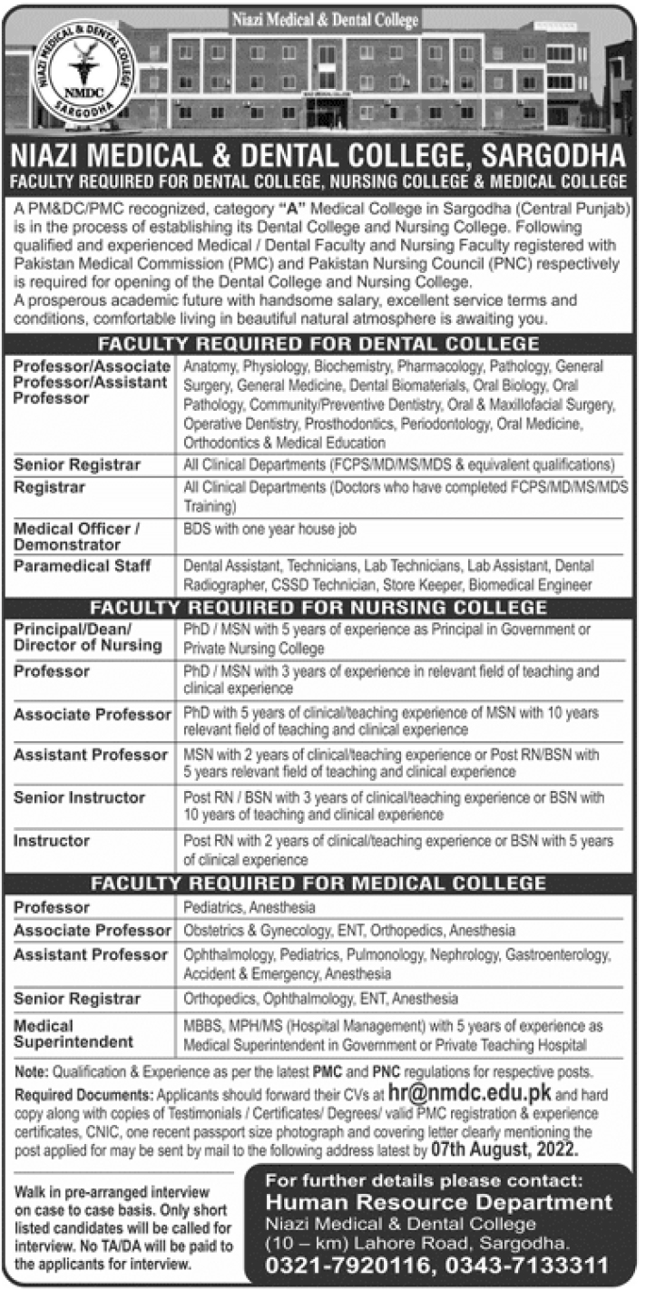 Niazi Medical & Dental College NMDC Sargodha Jobs 2022