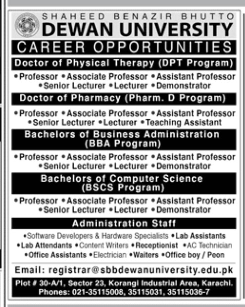 Shaheed Benazir Bhutto Dewan University Karachi Jobs 2022