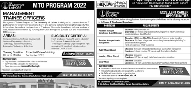 University of Lahore UOL Jobs 2022 Send Online CVs