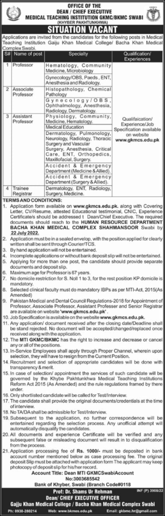 Gajju Khan Medical College – Bacha Khan Medical Complex Jobs