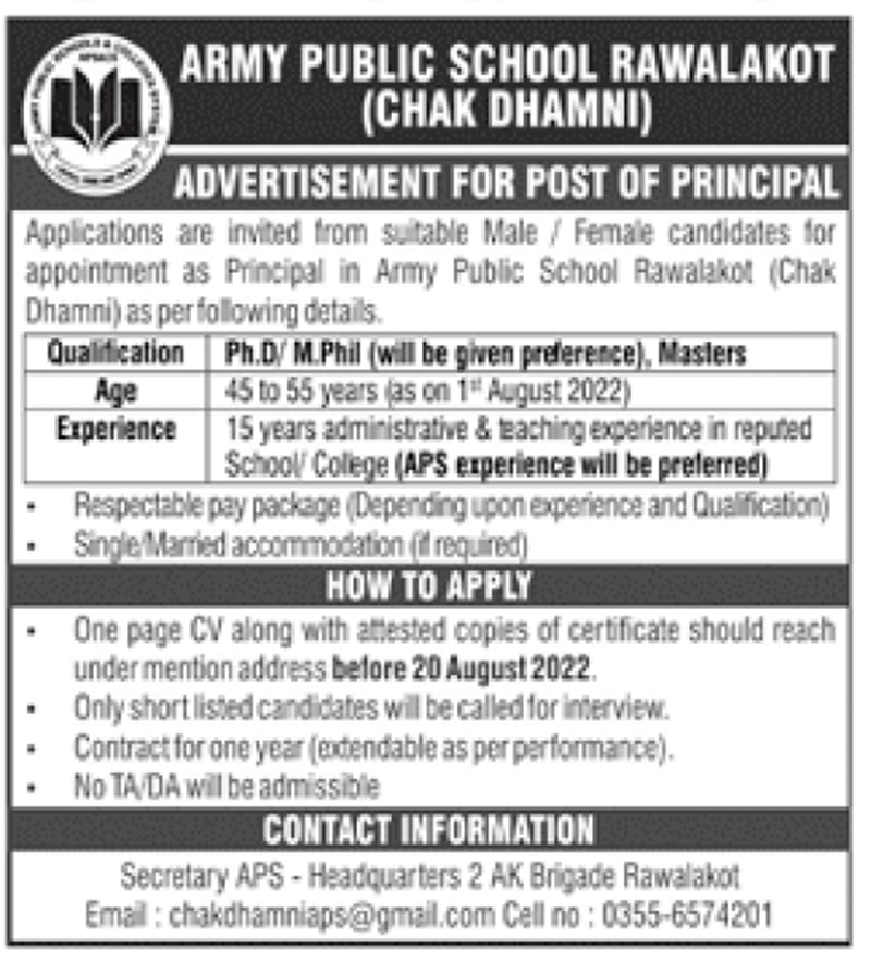 Army Public School APS Rawalakot Jobs 2022