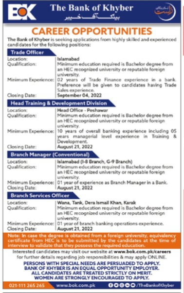 Khyber Bank BOK Jobs 2022 in Multiple Branches I www.bok.com.pk