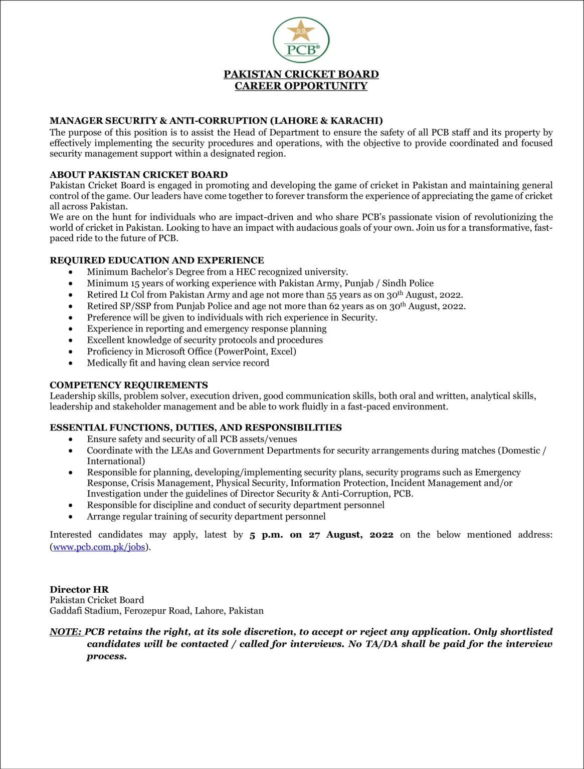 Pakistan Cricket Board PCB Jobs 2022