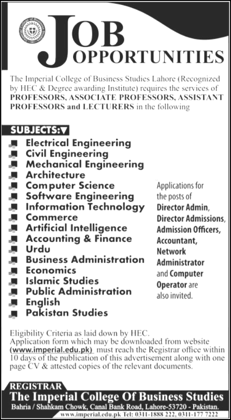 The Imperial College of Business Studies Lahore Jobs 2022