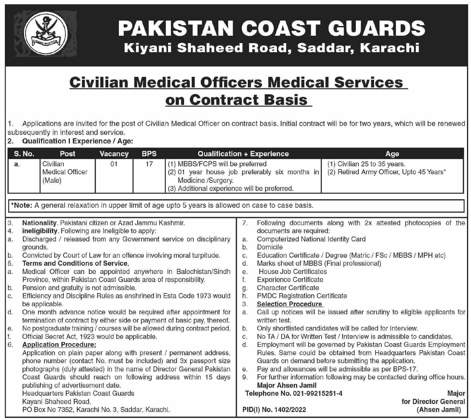 Pakistan Coast Guards Jobs 2022 for Medical Officer