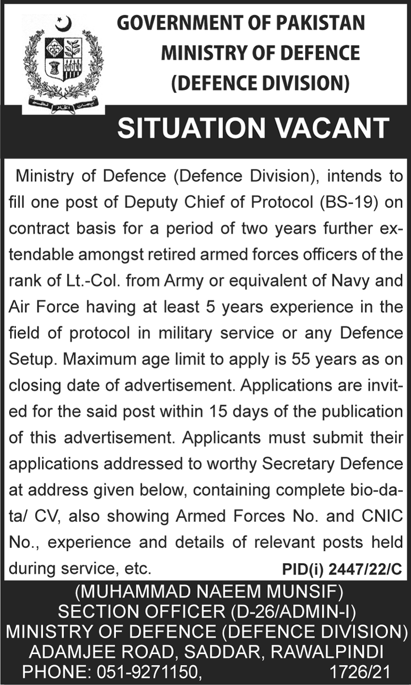 Govt of Pakistan Jobs at Ministry of Defence (Defence Division)