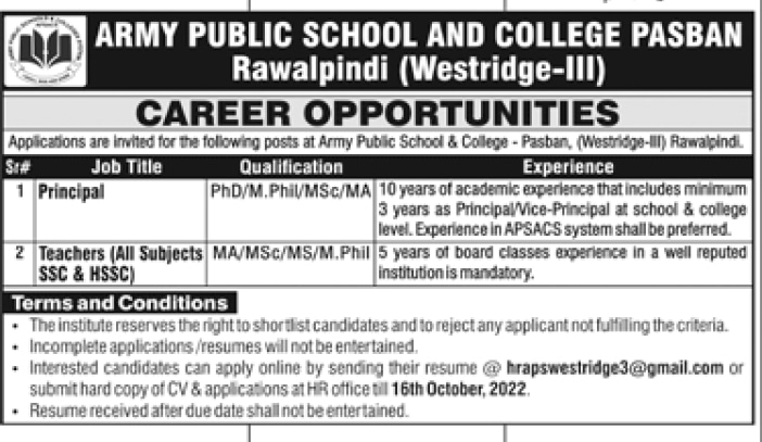 Army Public School and College Rawalpindi Pasban Campus Westridge III Jobs 2022