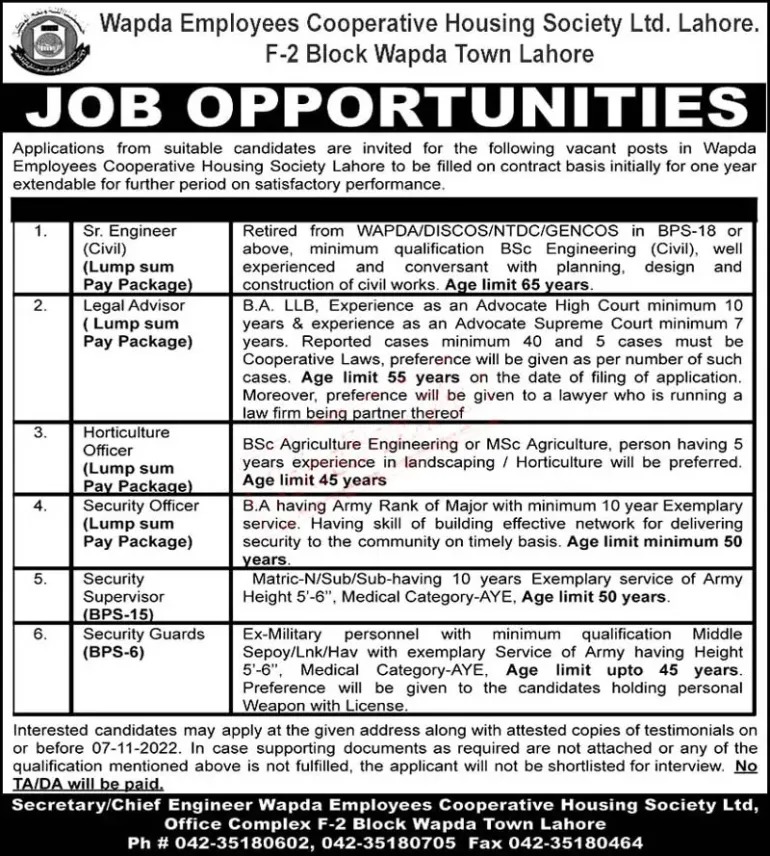 Wapda Employees Cooperative Housing Society Lahore Jobs 2022