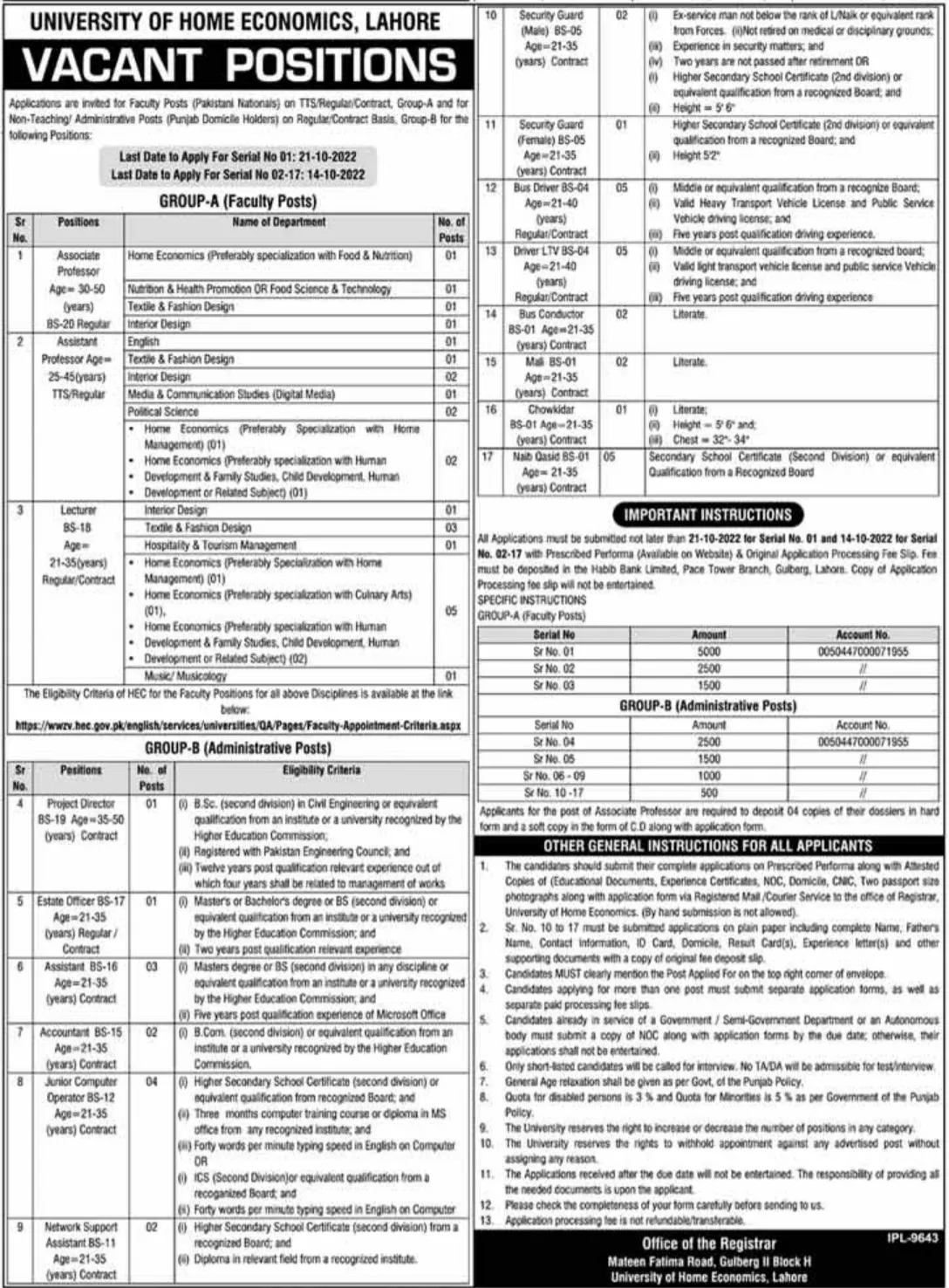 University of Home Economics Jobs 2022 | UHE Lahore Vacant Posts Details