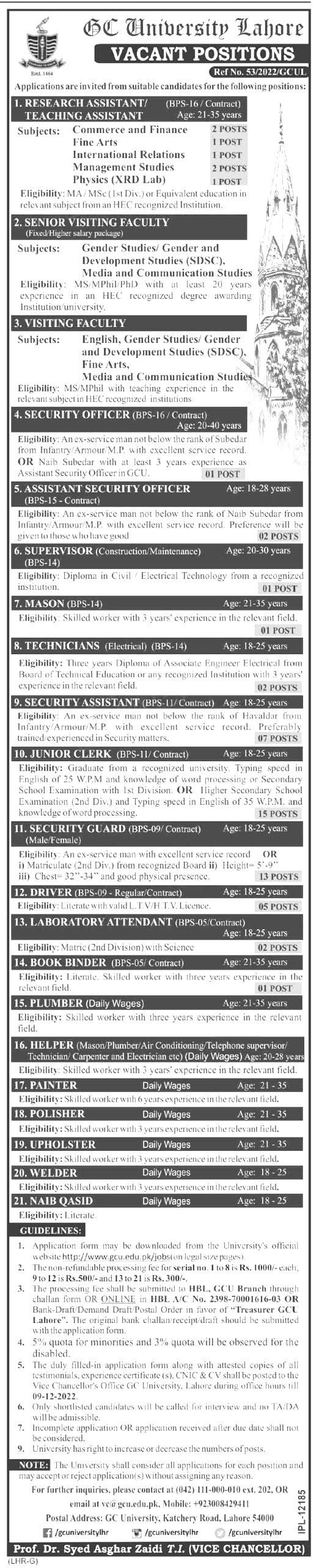 GC University Lahore Jobs 2022 | Download Employment Form