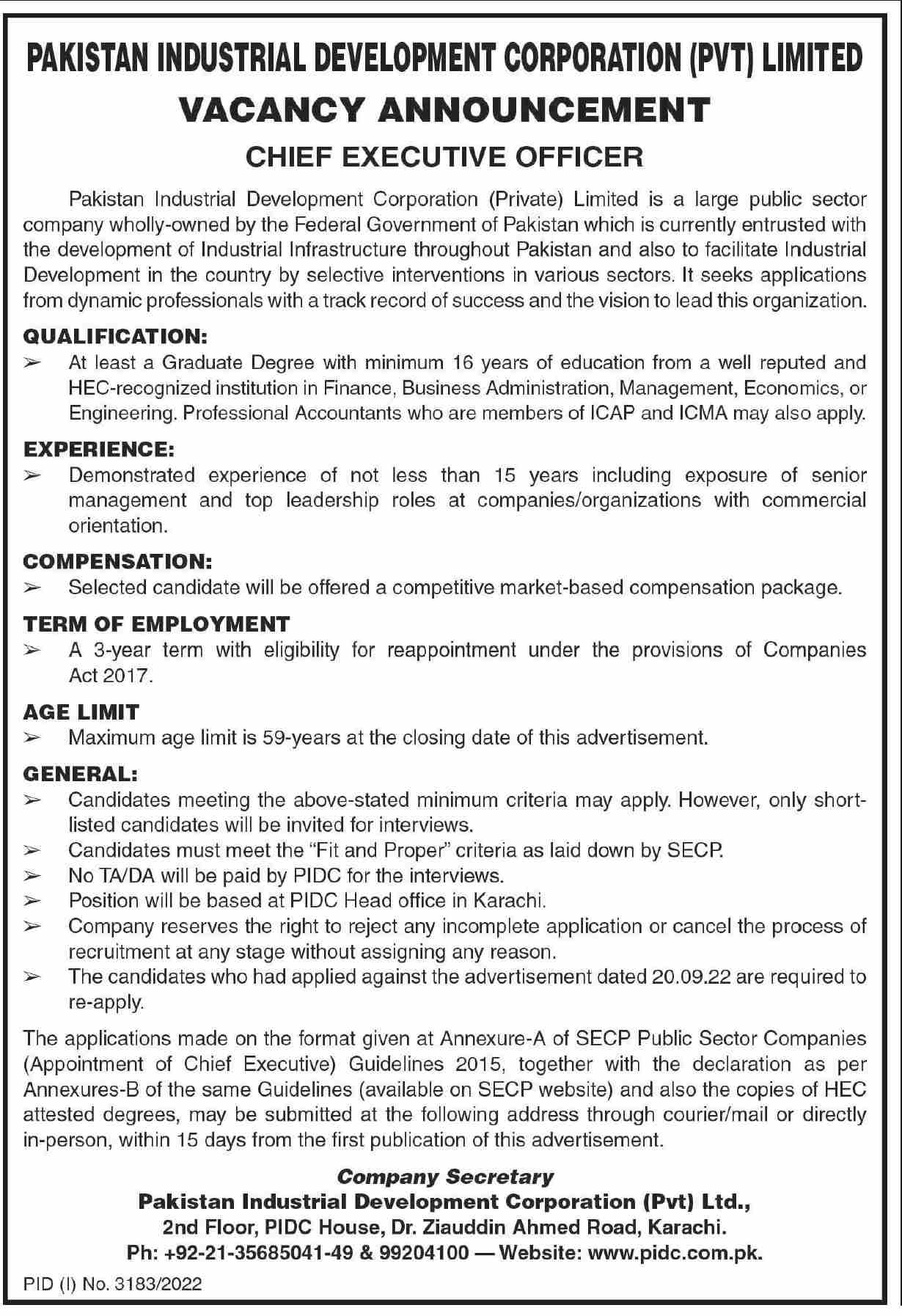 Pakistan Industrial Development Corporation PIDC Jobs 2022